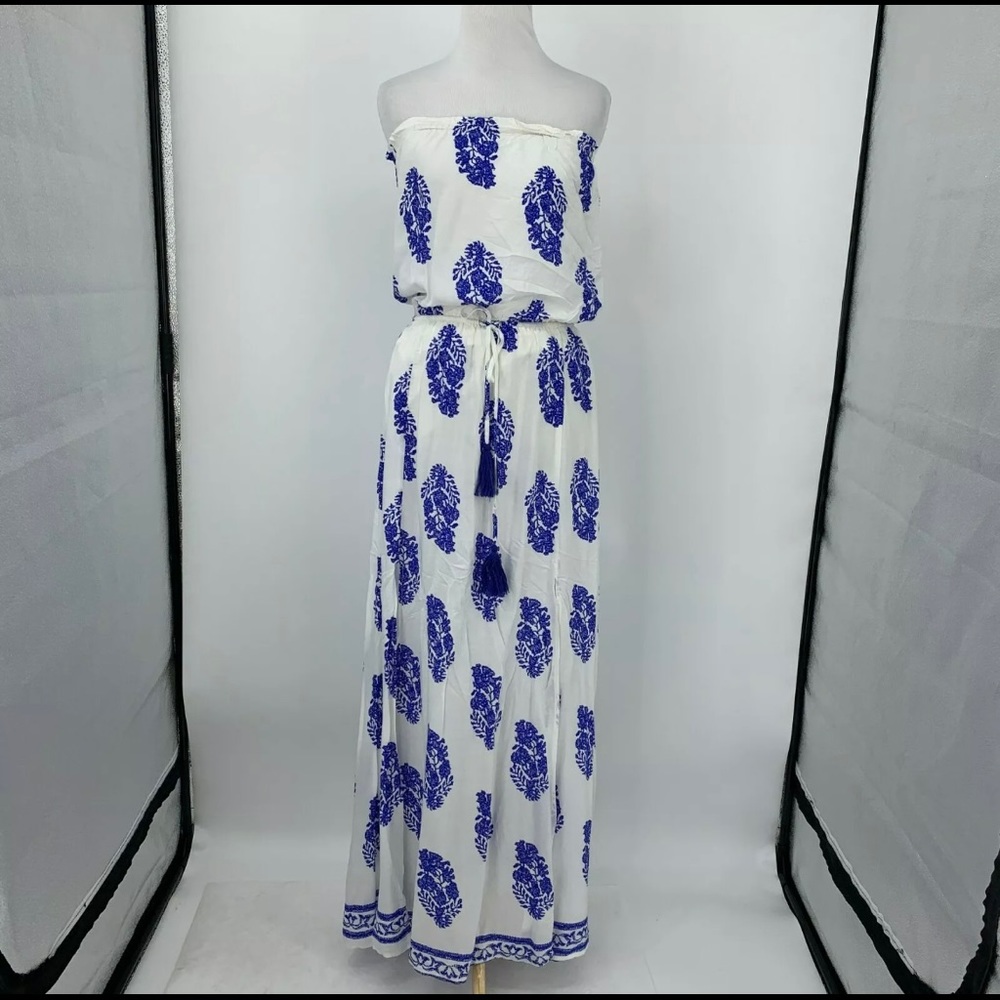 Aakaa Blue and White Paisley Strapless Dress with Slip, Size S